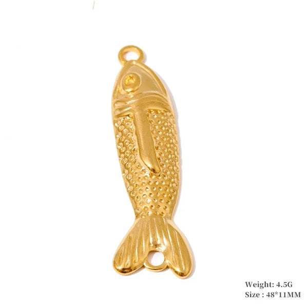 A gold-colored fish-shaped jewelry charm with a textured scale pattern and a hanging loop, shown on a plain white background with product specifications printed in the bottom right corner.