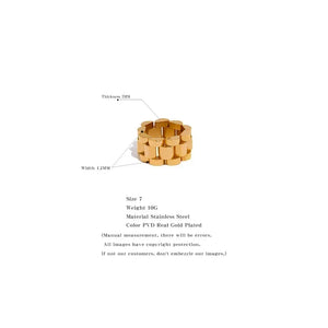 Chunky gold-plated stainless steel ring, 12mm wide, 5mm thick, size 7, modern jewelry.