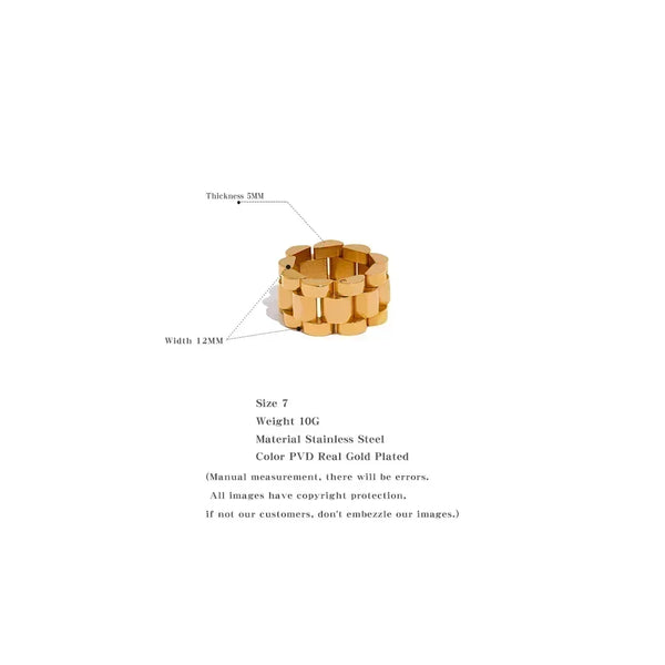 Chunky gold-plated stainless steel ring, 12mm wide, 5mm thick, size 7, modern jewelry.