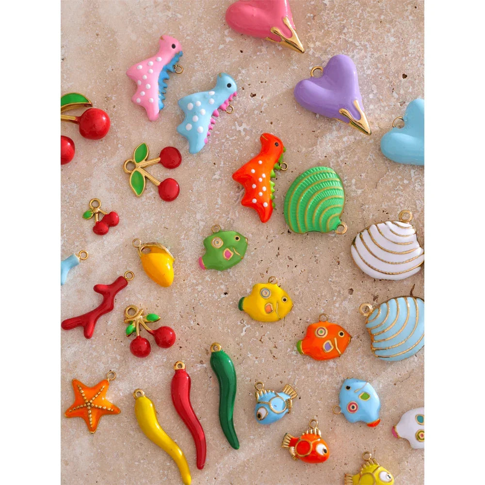 Y2K Enamel Fruit Cherry Shell Fish Heart DIY Accessories Pendants Making Necklace Bracelet Stainless Steel Jewelry Gift