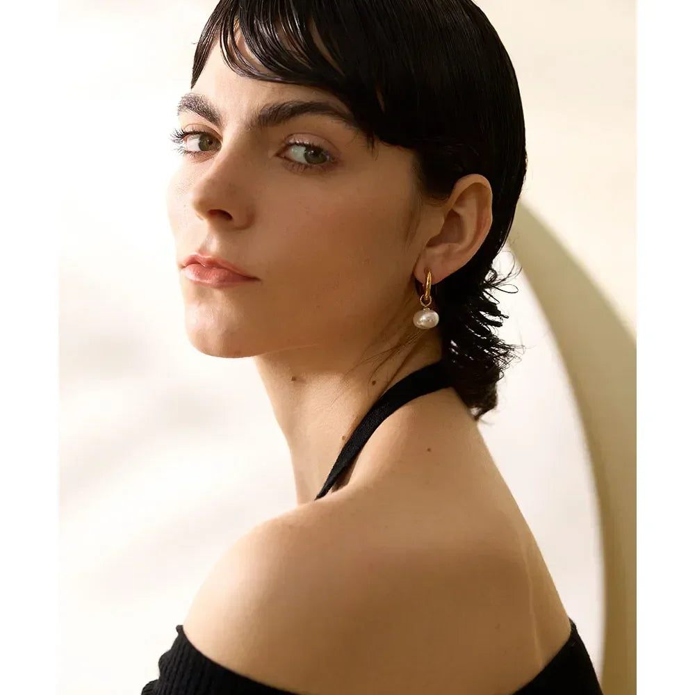 Golden Pearl Drop Korean Hoop Earrings - TM & Co. Jewels