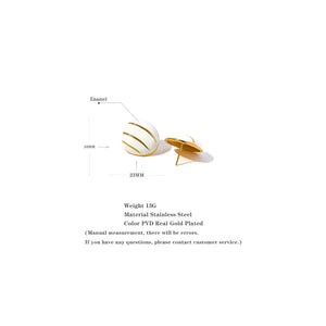 Gold and white earrings with measurement details on a white background