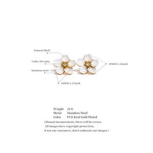 Floral earrings with gold accents on a white background, showing detailed measurements and material information.