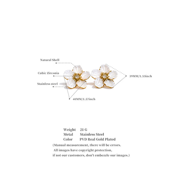 Floral earrings with gold accents on a white background, showing detailed measurements and material information.