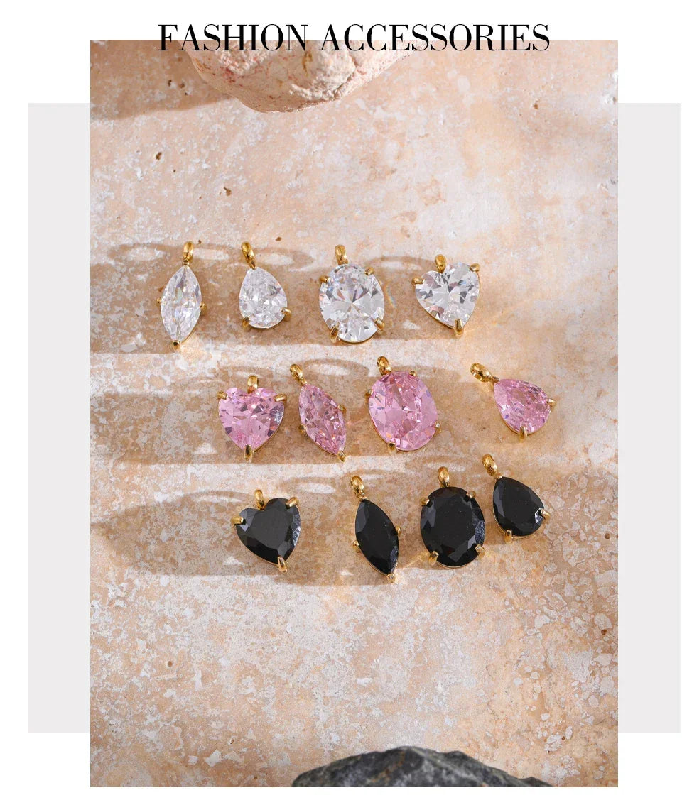 Casting Technology Fashion Black White Pink Bling Cubic Zirconia Gold Color Charm Pendant Stainless Steel DIY Accessories