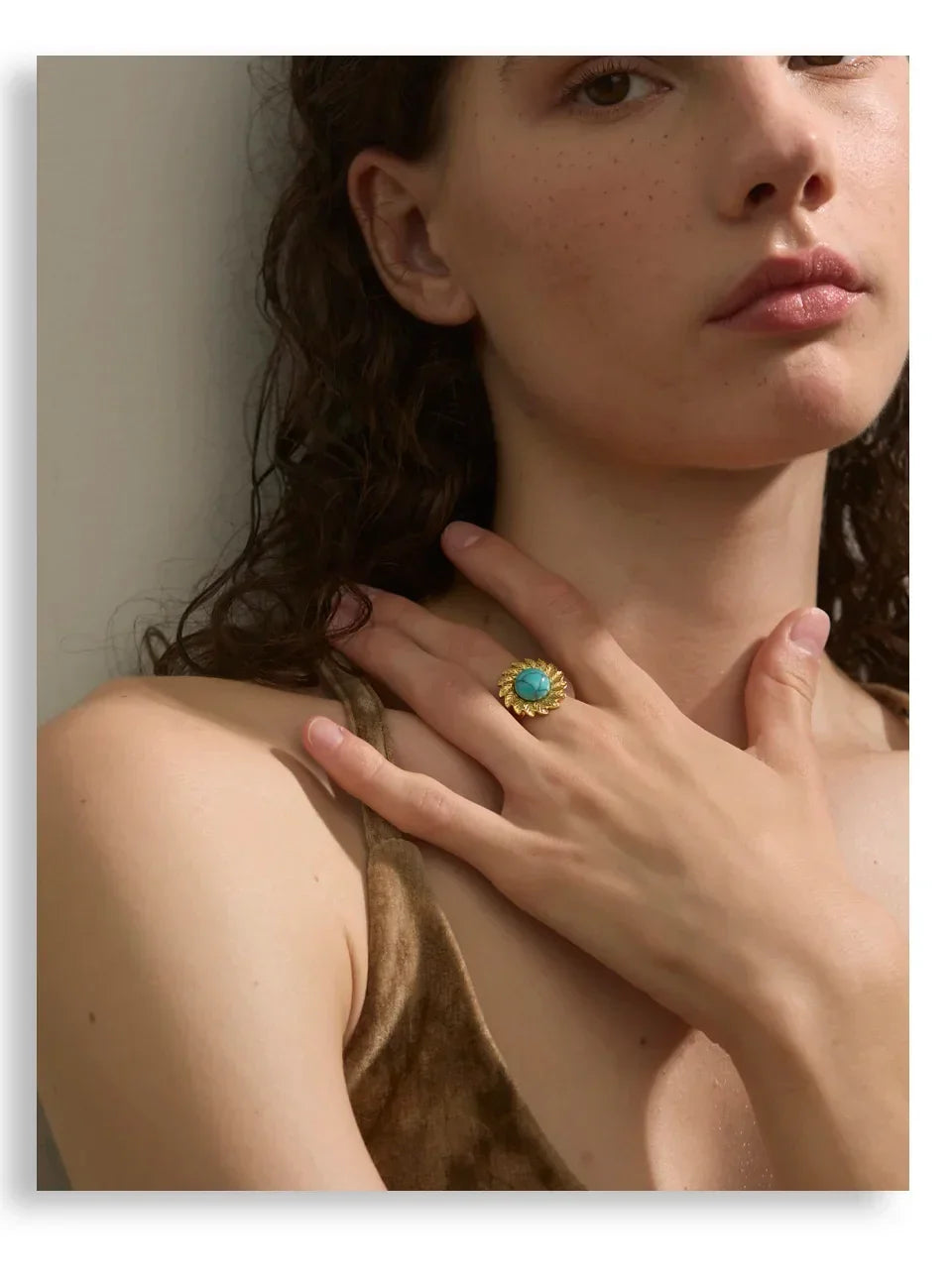 Yhpup Arrivals Blue Turquoise Flower Sun Adjustable Ring for Women 18K Golden Plated Stainless Steel Fashion Finger Jewelry