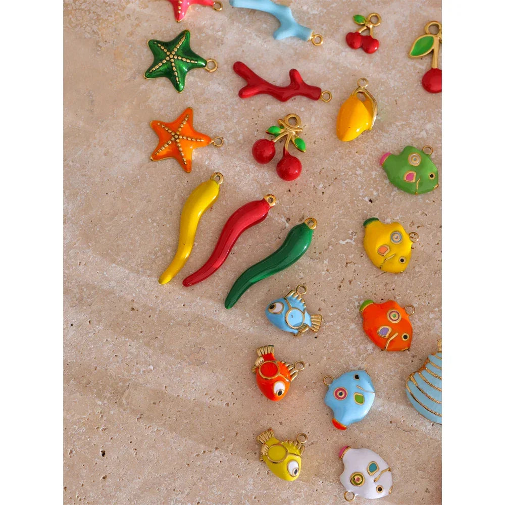 Y2K Enamel Fruit Cherry Shell Fish Heart DIY Accessories Pendants Making Necklace Bracelet Stainless Steel Jewelry Gift