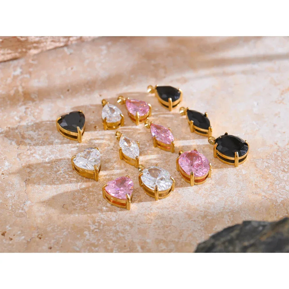 Casting Technology Fashion Black White Pink Bling Cubic Zirconia Gold Color Charm Pendant Stainless Steel DIY Accessories