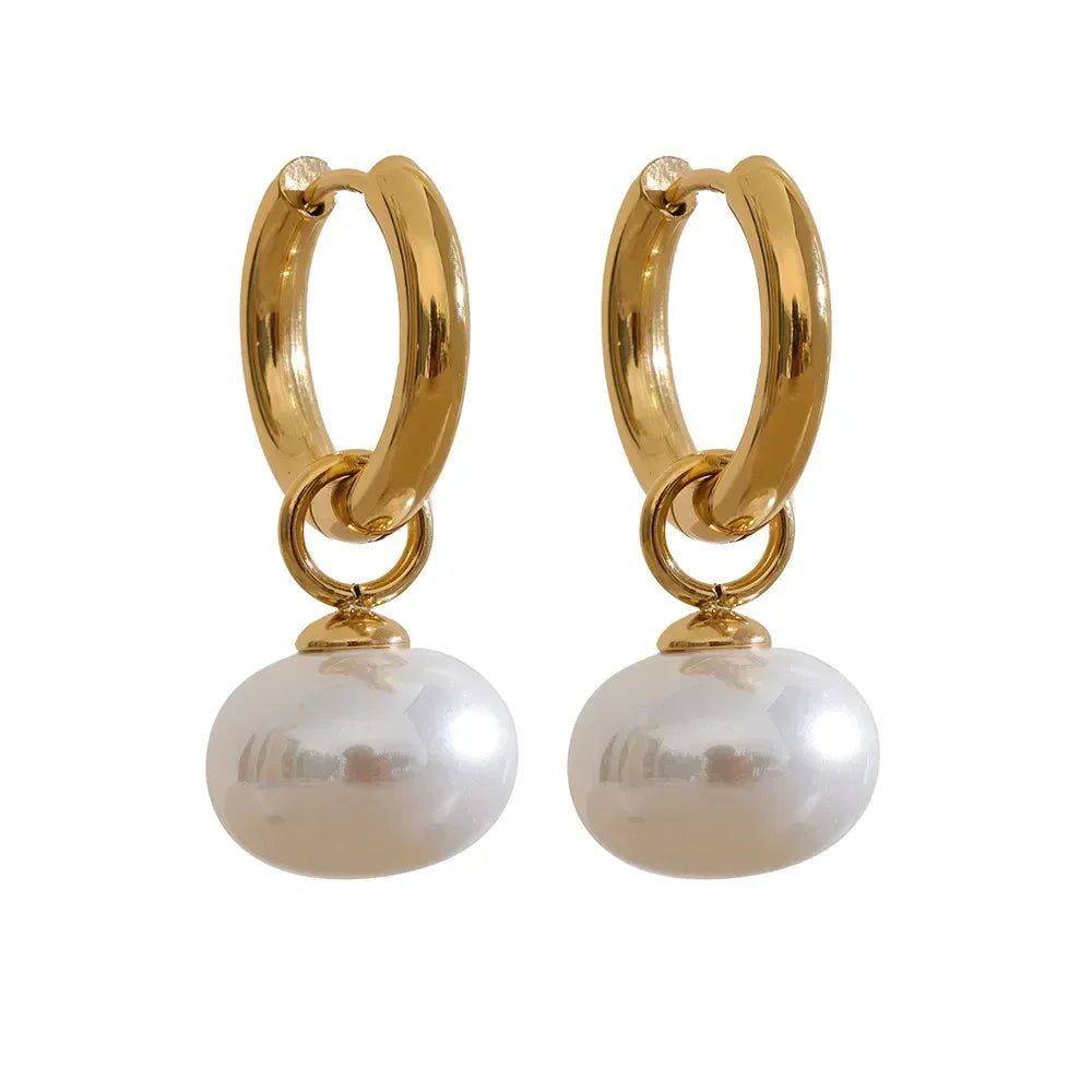 Golden Pearl Drop Korean Hoop Earrings - TM & Co. Jewels