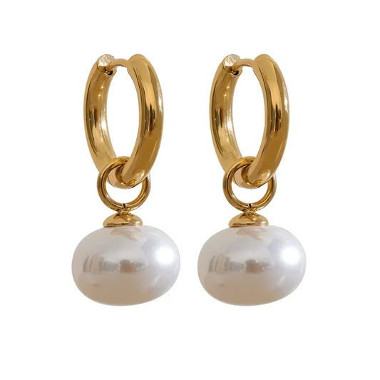 Golden Pearl Drop Korean Hoop Earrings - TM & Co. Jewels