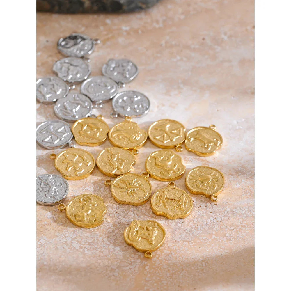 Real Gold Plated 12 Constellation Metal Diy Charms For Jewelry Making Bulk Stainless Steel Charm Pendant Accessories