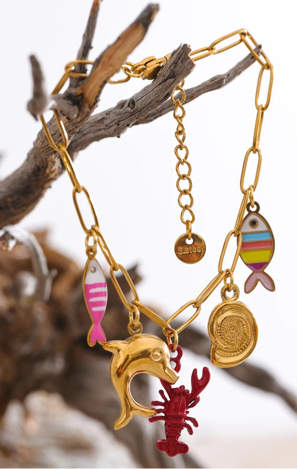 Gold Enamel Fish Charm Bracelet