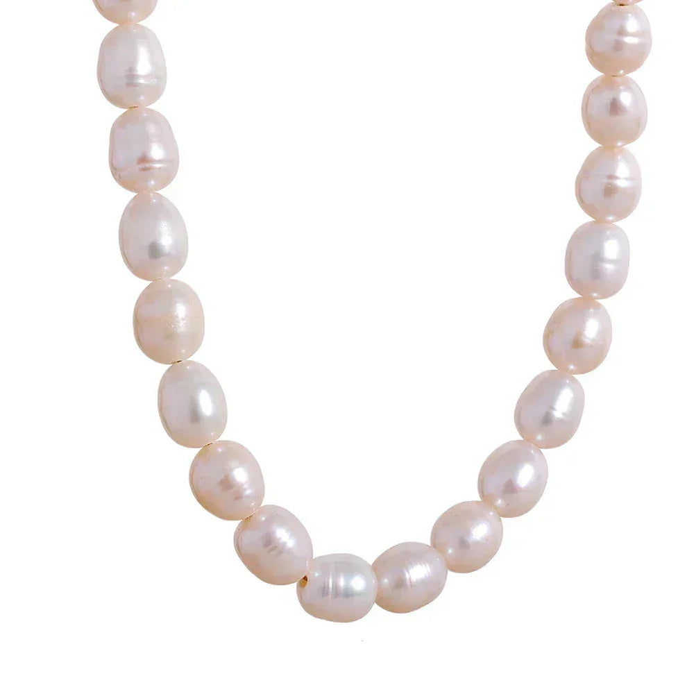 Pearl necklace with a visible brand logo on a white background