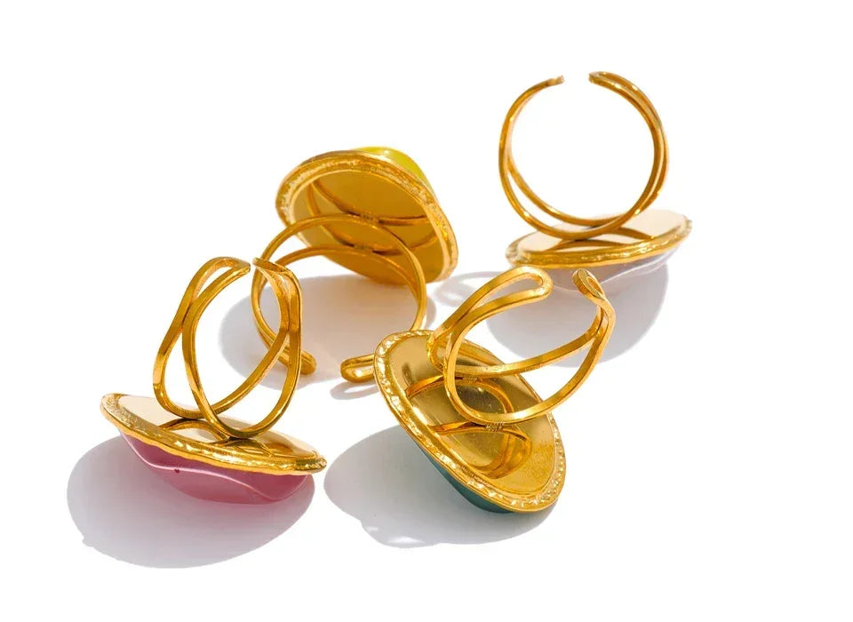 Exquisite Candy Multi-Color White Pink Blue Yellow Resin Adjustable Ring Gold Color Stainless Steel Summer Jewelry Gift