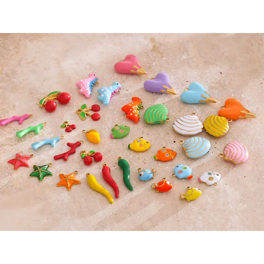 Y2K Enamel Fruit Cherry Shell Fish Heart DIY Accessories Pendants Making Necklace Bracelet Stainless Steel Jewelry Gift