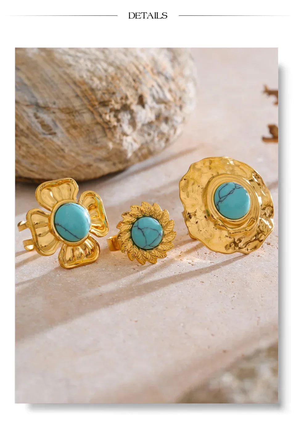 Yhpup Arrivals Blue Turquoise Flower Sun Adjustable Ring for Women 18K Golden Plated Stainless Steel Fashion Finger Jewelry