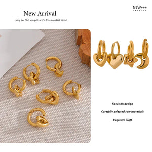 Gold hoop earrings on a textured surface with 'NEW++' branding.