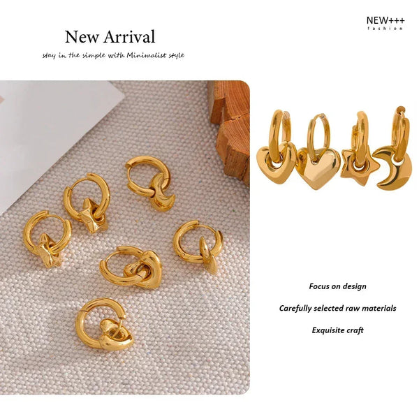 Gold hoop earrings on a textured surface with 'NEW++' branding.