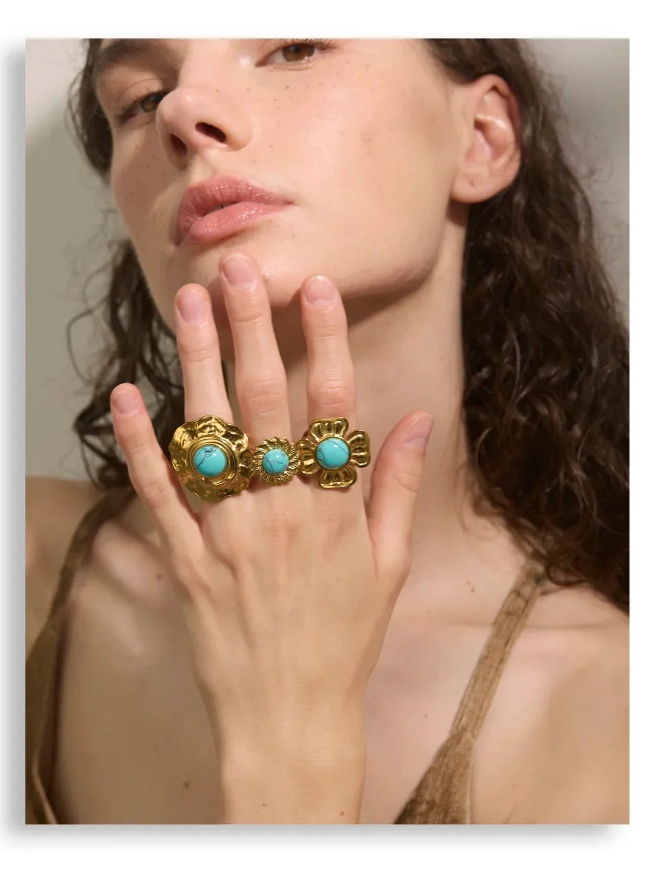 Yhpup Arrivals Blue Turquoise Flower Sun Adjustable Ring for Women 18K Golden Plated Stainless Steel Fashion Finger Jewelry