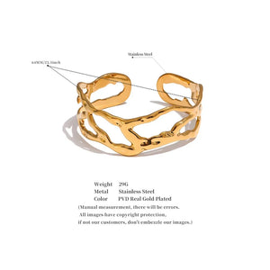Gold bracelet with specifications on a white background