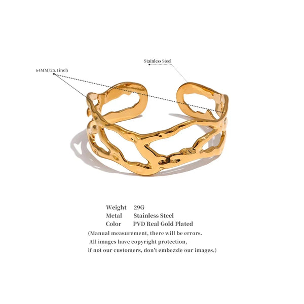 Gold bracelet with specifications on a white background