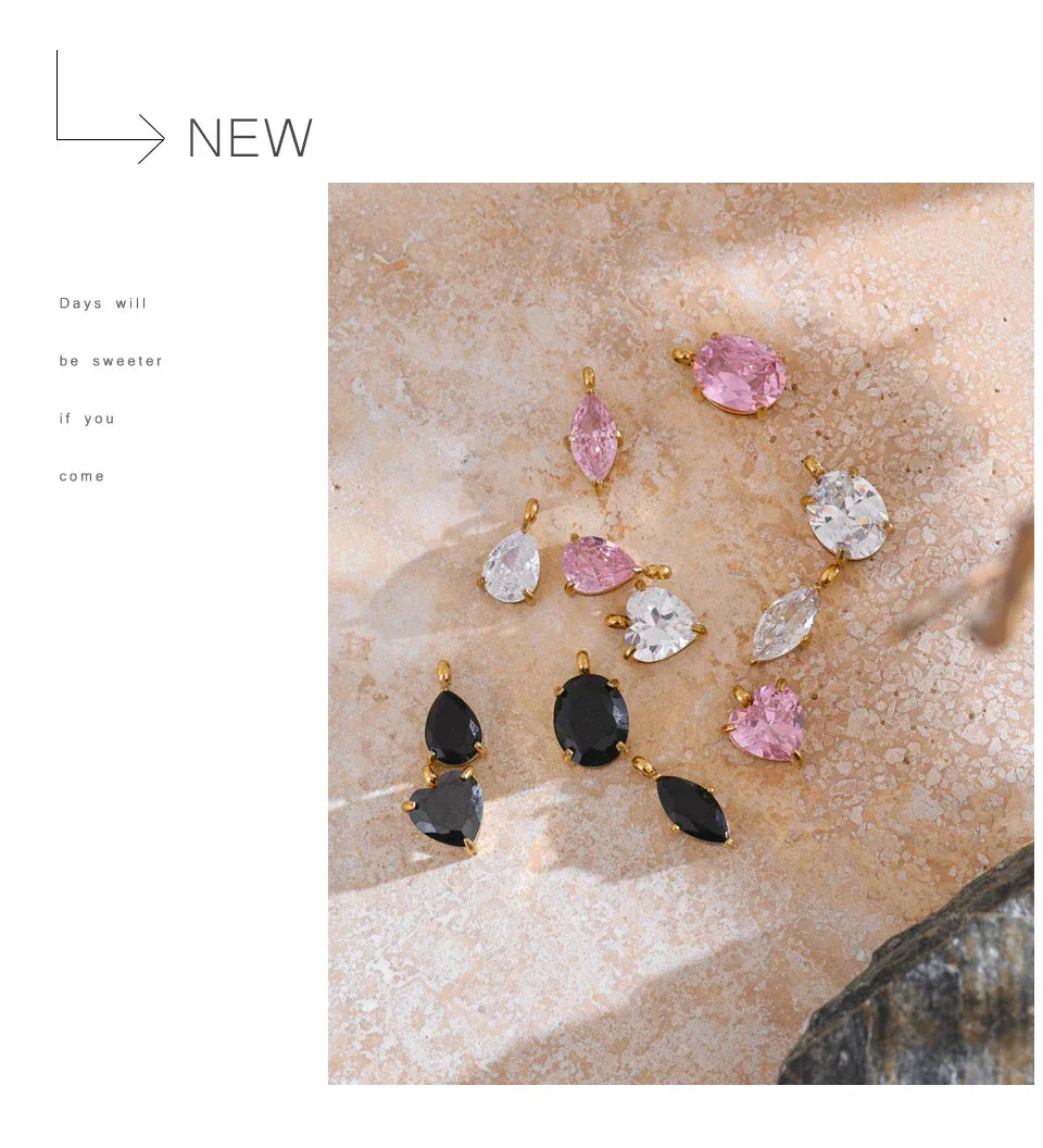 Casting Technology Fashion Black White Pink Bling Cubic Zirconia Gold Color Charm Pendant Stainless Steel DIY Accessories