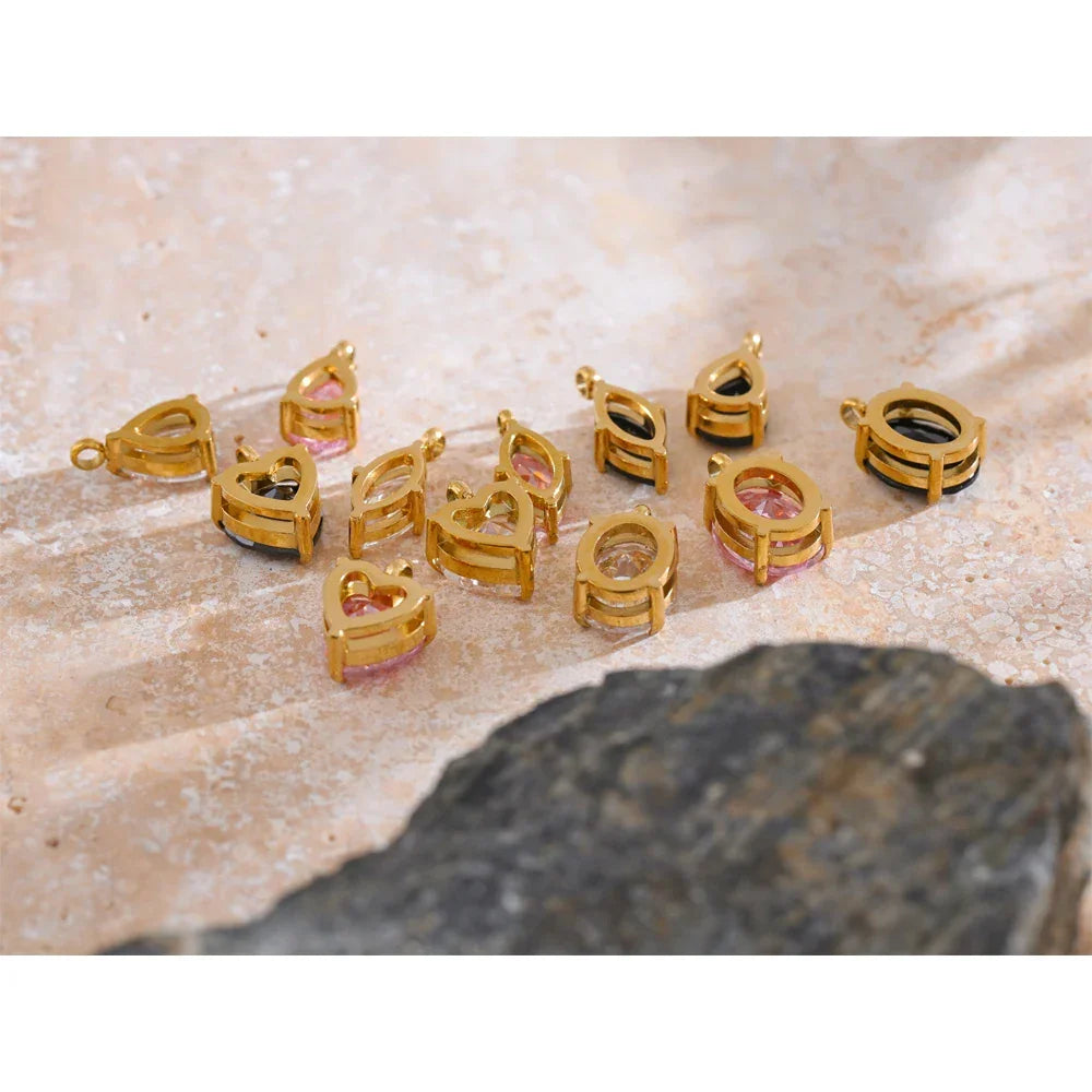 Casting Technology Fashion Black White Pink Bling Cubic Zirconia Gold Color Charm Pendant Stainless Steel DIY Accessories