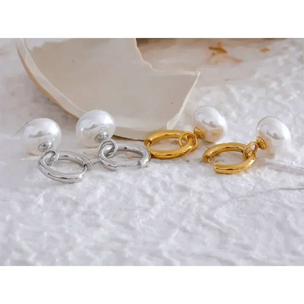 Golden Pearl Drop Korean Hoop Earrings - TM & Co. Jewels