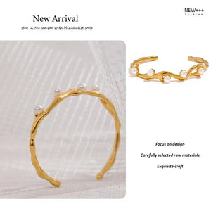 Gold bracelet with pearls on a textured white background, labeled 'New Arrival' and 'NEW++ FASHION'.