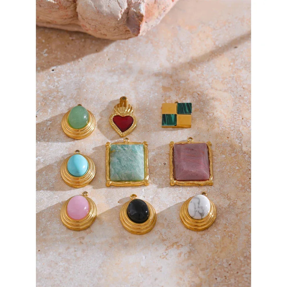 Exclusive Stainless Steel Natural Stone Round Square Water Drop DIY Handmade Accessories Waterproof Jewelry 18k PVD Plated