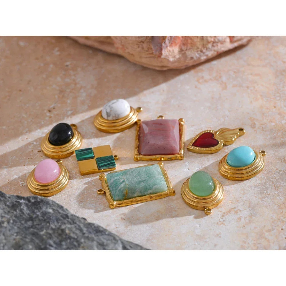 Exclusive Stainless Steel Natural Stone Round Square Water Drop DIY Handmade Accessories Waterproof Jewelry 18k PVD Plated