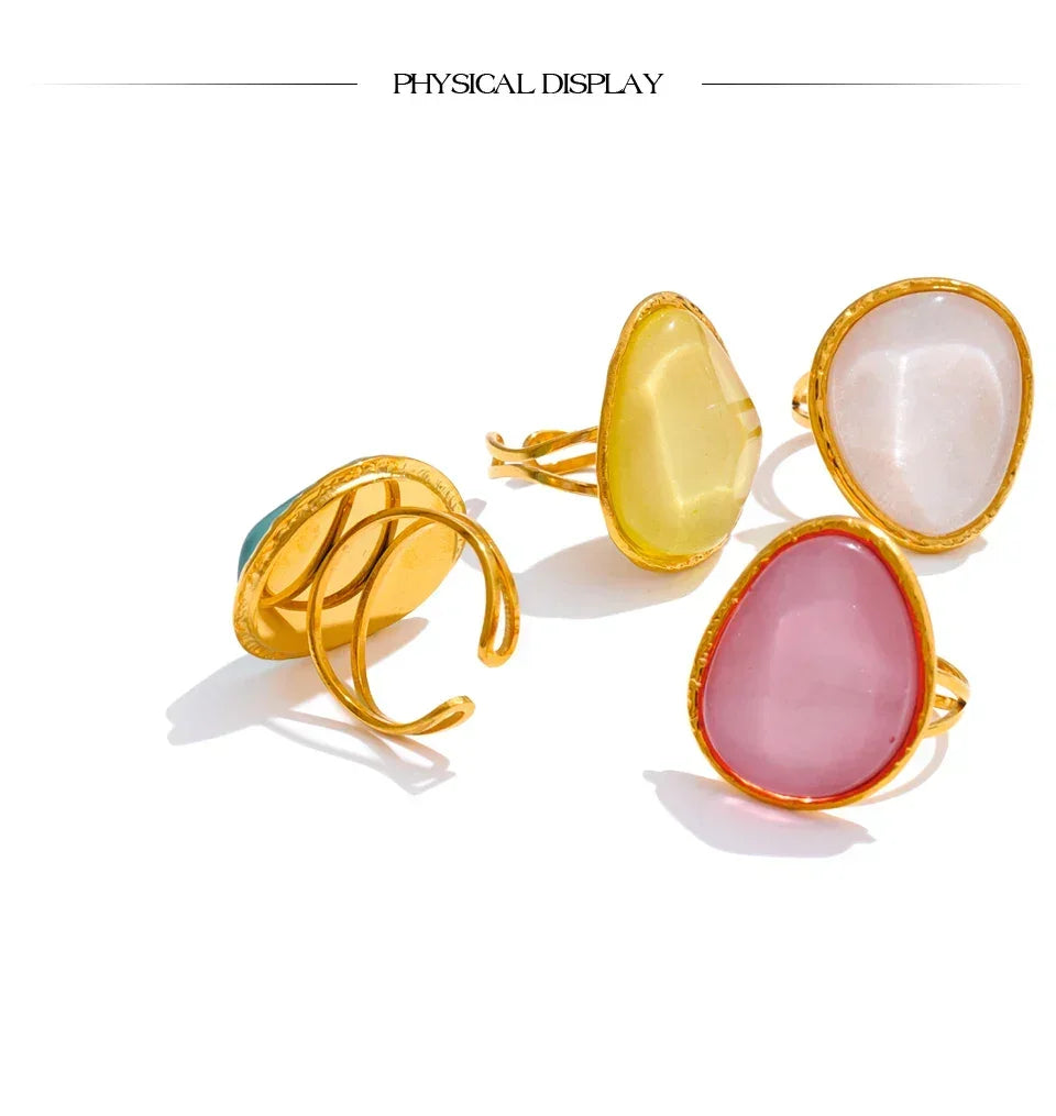 Exquisite Candy Multi-Color White Pink Blue Yellow Resin Adjustable Ring Gold Color Stainless Steel Summer Jewelry Gift