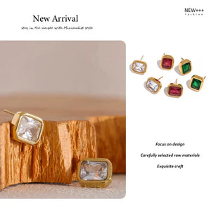 Gold earrings with clear stones on a wooden surface, with additional earrings displayed on a white background.