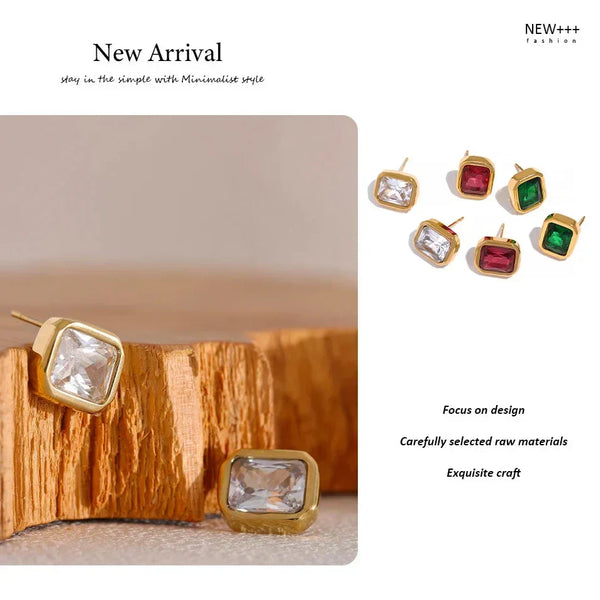 Gold earrings with clear stones on a wooden surface, with additional earrings displayed on a white background.