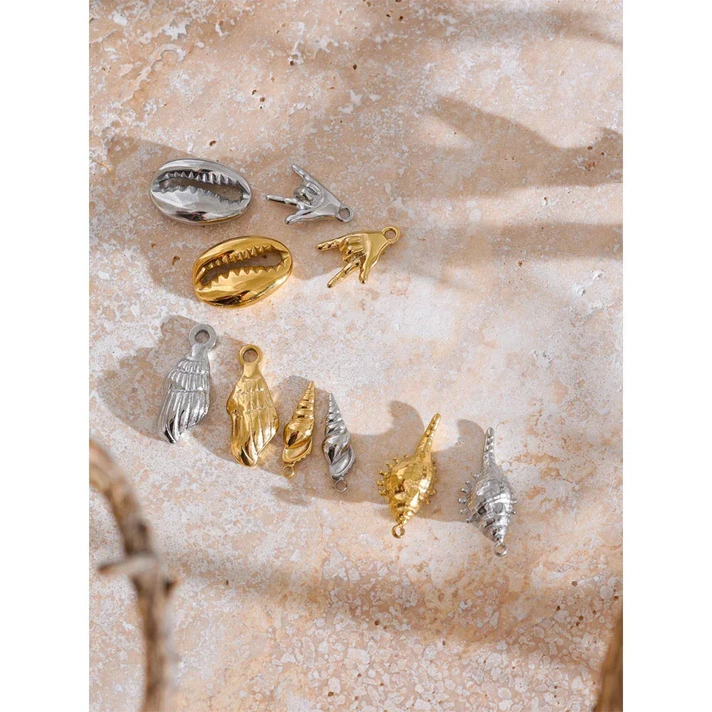Trendy Stainless Steel Metal 18k Gold PVD Plated Waterproof Conch Shell Ocean Palm Charm Accessories DIY Jewelry