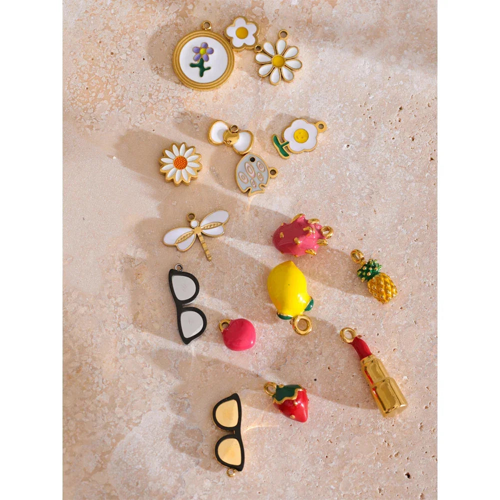 Fashion Enamel Lemon Strawberry Heart Flower Gift DIY Accessories Making Necklace Bracelet Earring Stainless Steel Jewelry