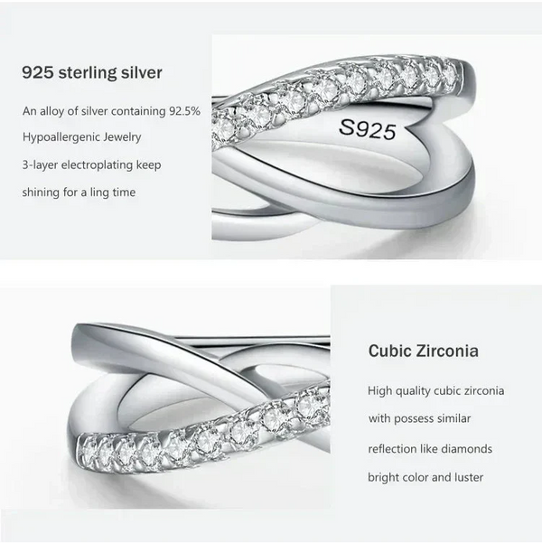 Close-up of a 925 sterling silver ring with cubic zirconia stones, simple elegant design.