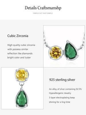 A jewelry details and materials graphic showing two silver pendant necklaces with teardrop-shaped green gemstones and round yellow gemstones, accompanied by text describing cubic zirconia, 925 sterling silver, and gemstone properties on a light gray background.