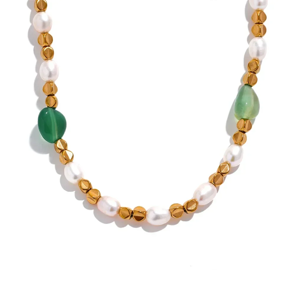 Natural Freshwater Pearl Stone Vintage Stainless Steel Beads Handmade Chain Gold Color Collar Jewelry .