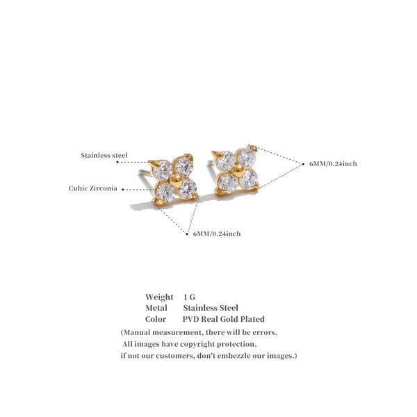 Gold-tone butterfly stud earrings with clear cubic zirconia stones, shown on a white background with measurement callouts and product specs text below.