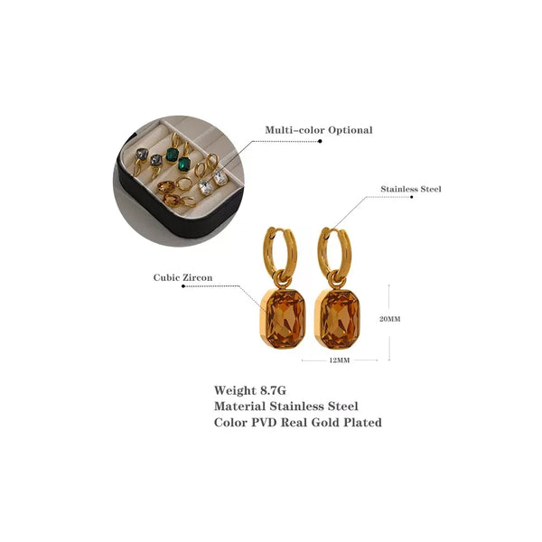 Gold plated stainless steel hoop earrings with rectangular orange cubic zirconia, 20mm drop.