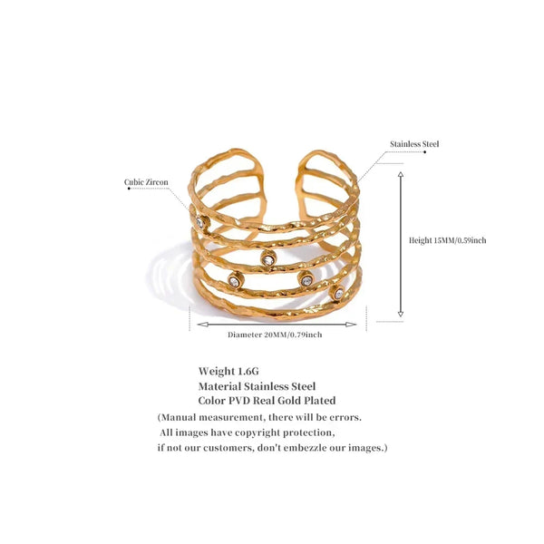 Gold-plated open ring with cubic zirconia, hammered texture, stainless steel, size details shown.