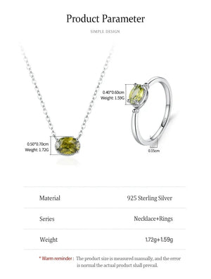Product specification graphic for a sterling silver necklace and rings set with oval yellow-green stones, showing measurements, weight, and material details on a white background.