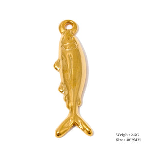 A gold-colored fish-shaped jewelry charm with a hanging loop at the top, shown on a plain white background with small text indicating weight and size in the bottom right corner.