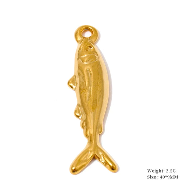 A gold-colored fish-shaped jewelry charm with a hanging loop at the top, shown on a plain white background with small text indicating weight and size in the bottom right corner.