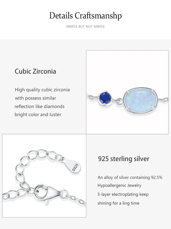 Silver bracelet with a round blue cubic zirconia stone and an oval milky white opal, shown with close-up views of the clasp and chain on a light gray background with descriptive text.