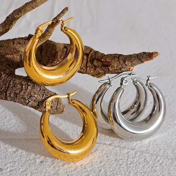 Gold and silver chunky hoop earrings displayed on a textured branch