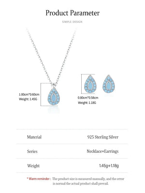 Product specification graphic for a silver necklace and matching earrings set. The pendant and earring designs are shown with dimensions and weights labeled, plus a table listing material as 925 sterling silver and the set as necklace+earrings.