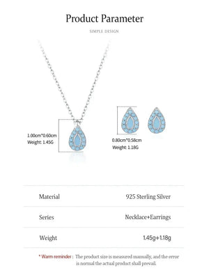 Silver pendant necklace with a large round light blue cubic zirconia stone surrounded by small clear stones, shown with text callouts about cubic zirconia and 925 sterling silver on a light gray background.