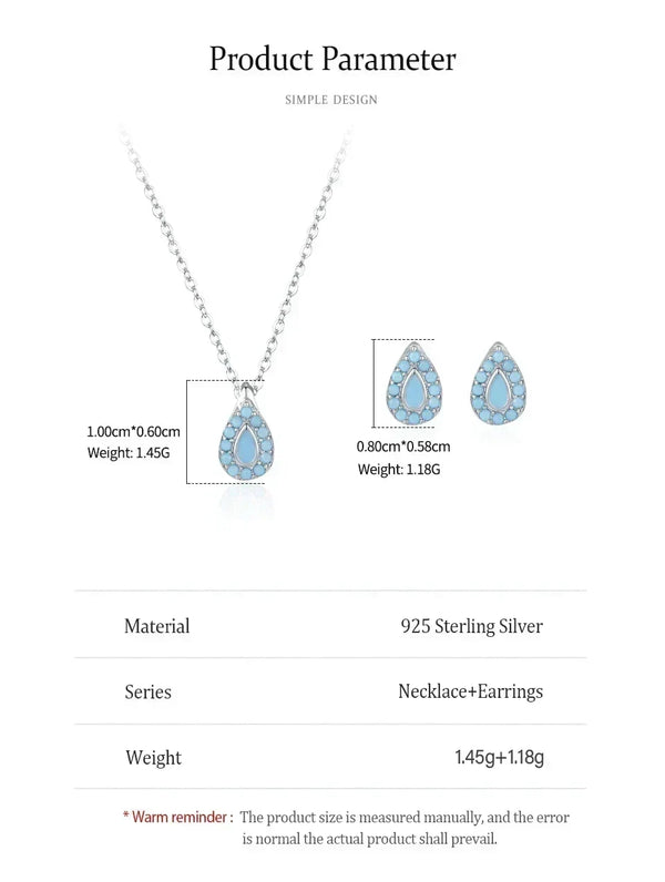 Silver pendant necklace with a large round light blue cubic zirconia stone surrounded by small clear stones, shown with text callouts about cubic zirconia and 925 sterling silver on a light gray background.